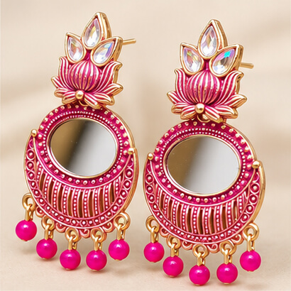 Lotus Mirror Chandbali Earrings with Beaded Drops (Pink) product image 2