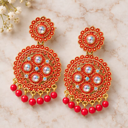Traditional Kundan Chakra Chandbali Earrings with Beaded Drops (Red) – Heartly Wishes