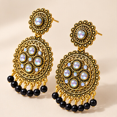 Traditional Kundan Chakra Chandbali Earrings with Beaded Drops (Black) product image 2