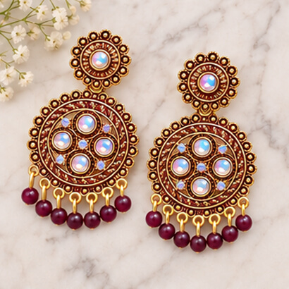 Traditional Kundan Chakra Chandbali Earrings with Beaded Drops (Brown) – Heartly Wishes