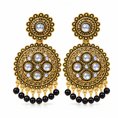 Traditional Kundan Chakra Chandbali Earrings with Beaded Drops (Black) product image 6