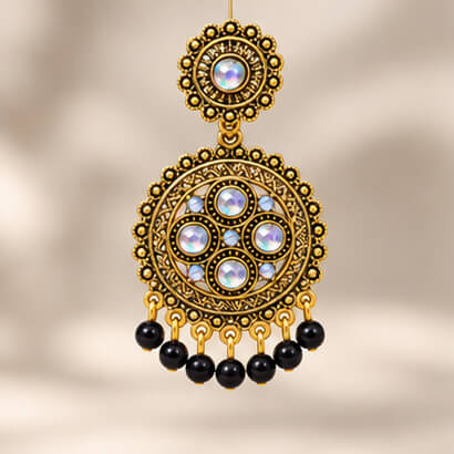 Traditional Kundan Chakra Chandbali Earrings with Beaded Drops (Black) product image 4