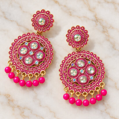 Traditional Kundan Chakra Chandbali Earrings with Beaded Drops (Pink) – Heartly Wishes