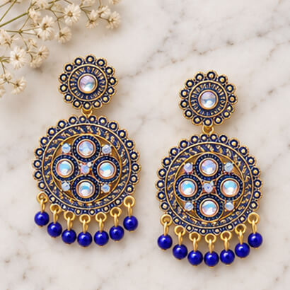 Traditional Kundan Chakra Chandbali Earrings with Beaded Drops (Blue) – Heartly Wishes