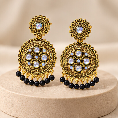 Traditional Kundan Chakra Chandbali Earrings with Beaded Drops (Black) product image 7