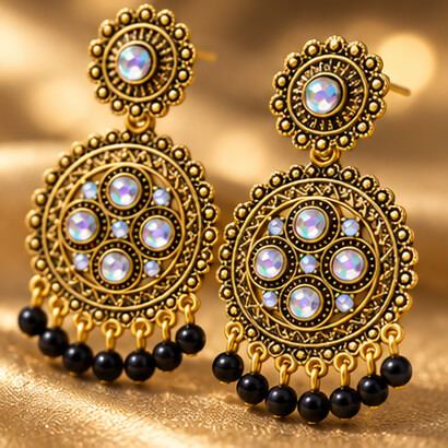 Traditional Kundan Chakra Chandbali Earrings with Beaded Drops (Black) product image 3