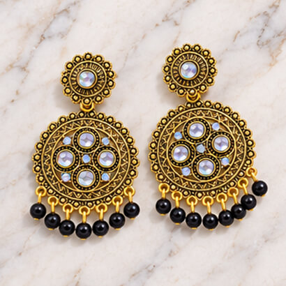 Traditional Kundan Chakra Chandbali Earrings with Beaded Drops (Black) – Heartly Wishes