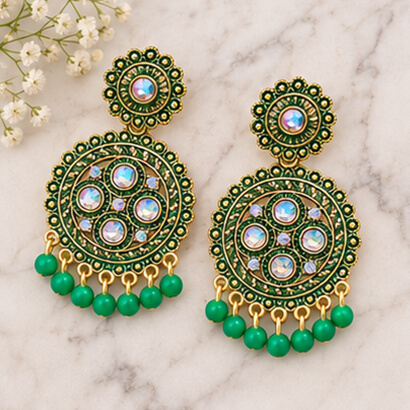 Traditional Kundan Chakra Chandbali Earrings with Beaded Drops (Green) – Heartly Wishes