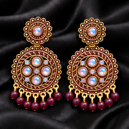 Traditional Kundan Chakra Chandbali Earrings with Beaded Drops (Brown) product image 2