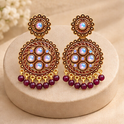 Traditional Kundan Chakra Chandbali Earrings with Beaded Drops (Brown) product image 5
