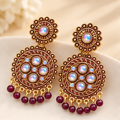 Traditional Kundan Chakra Chandbali Earrings with Beaded Drops (Brown) product image 3
