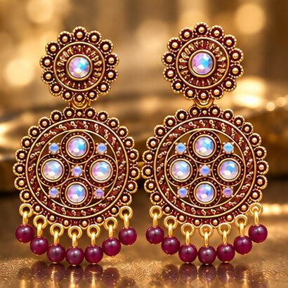 Traditional Kundan Chakra Chandbali Earrings with Beaded Drops (Brown) product image 8
