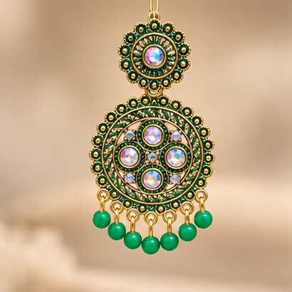 Traditional Kundan Chakra Chandbali Earrings with Beaded Drops (Green) product image 2