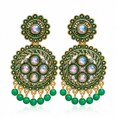 Traditional Kundan Chakra Chandbali Earrings with Beaded Drops (Green) product image 6