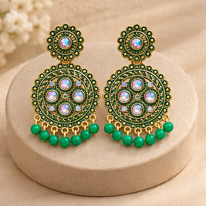 Traditional Kundan Chakra Chandbali Earrings with Beaded Drops (Green) product image 5
