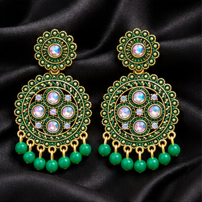 Traditional Kundan Chakra Chandbali Earrings with Beaded Drops (Green) product image 4
