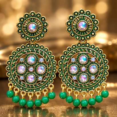 Traditional Kundan Chakra Chandbali Earrings with Beaded Drops (Green) product image 8