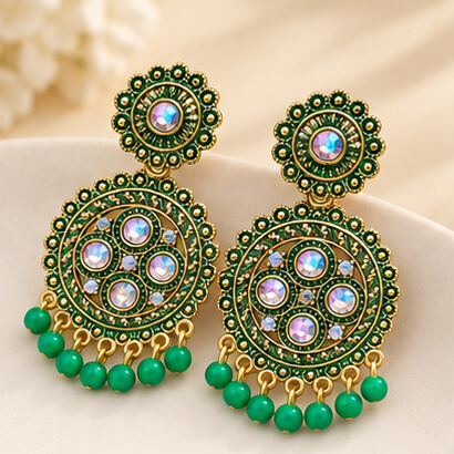 Traditional Kundan Chakra Chandbali Earrings with Beaded Drops (Green) product image 3