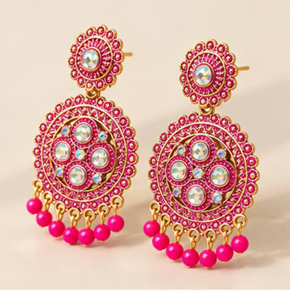 Traditional Kundan Chakra Chandbali Earrings with Beaded Drops (Pink) product image 3