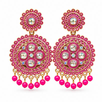 Traditional Kundan Chakra Chandbali Earrings with Beaded Drops (Pink) product image 6