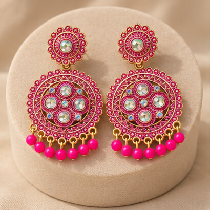 Traditional Kundan Chakra Chandbali Earrings with Beaded Drops (Pink) product image 7