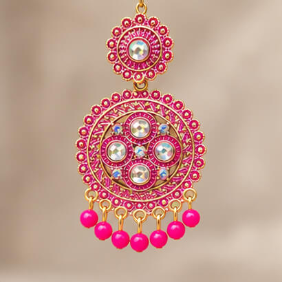Traditional Kundan Chakra Chandbali Earrings with Beaded Drops (Pink) product image 2