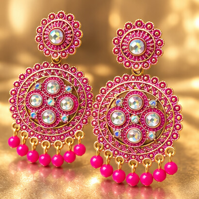 Traditional Kundan Chakra Chandbali Earrings with Beaded Drops (Pink) product image 5