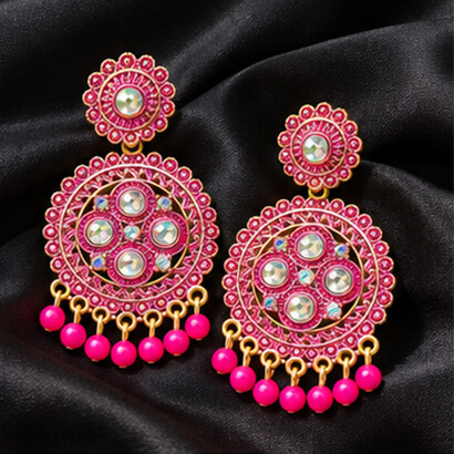 Traditional Kundan Chakra Chandbali Earrings with Beaded Drops (Pink) product image 4