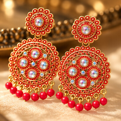 Traditional Kundan Chakra Chandbali Earrings with Beaded Drops (Red) product image 3