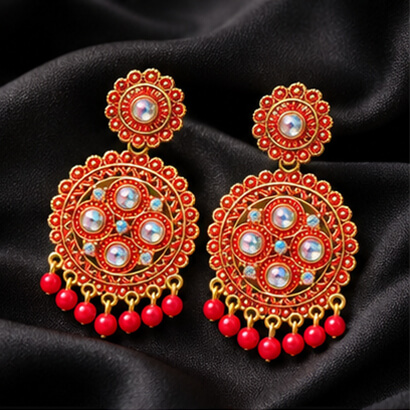 Traditional Kundan Chakra Chandbali Earrings with Beaded Drops (Red) product image 4