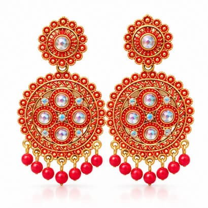 Traditional Kundan Chakra Chandbali Earrings with Beaded Drops (Red) product image 2