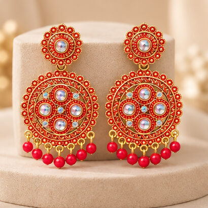 Traditional Kundan Chakra Chandbali Earrings with Beaded Drops (Red) product image 6