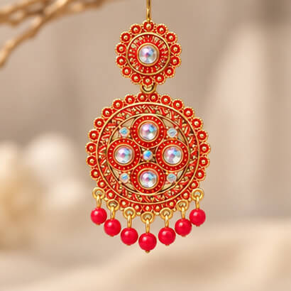 Traditional Kundan Chakra Chandbali Earrings with Beaded Drops (Red) product image 8