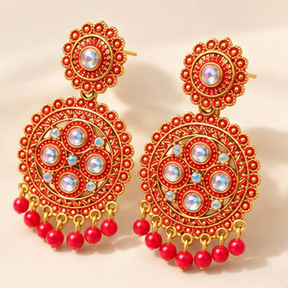 Traditional Kundan Chakra Chandbali Earrings with Beaded Drops (Red) product image 5