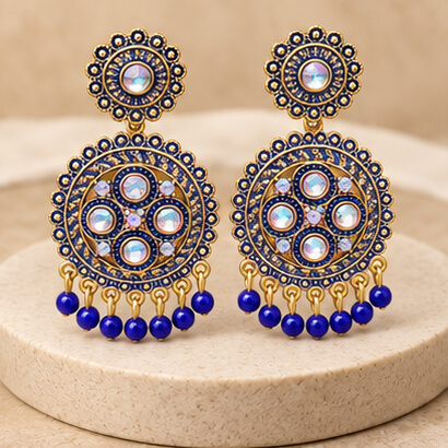 Traditional Kundan Chakra Chandbali Earrings with Beaded Drops (Blue) product image 8
