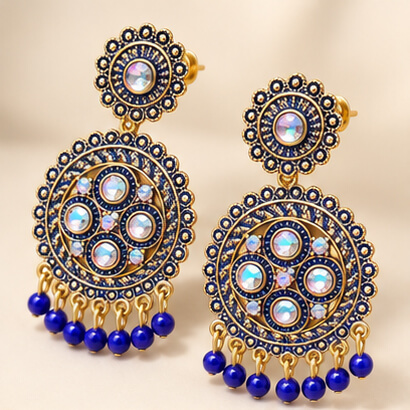 Traditional Kundan Chakra Chandbali Earrings with Beaded Drops (Blue) product image 7