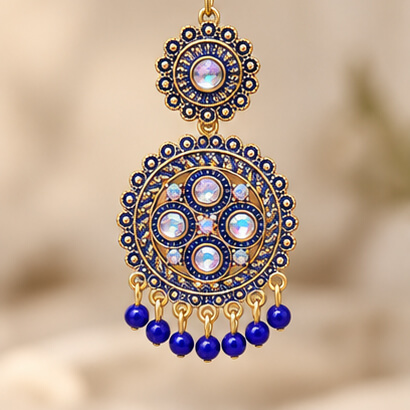 Traditional Kundan Chakra Chandbali Earrings with Beaded Drops (Blue) product image 3