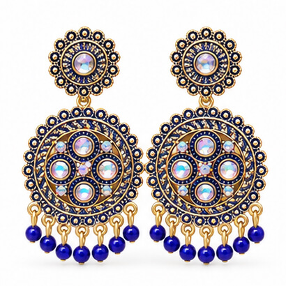 Traditional Kundan Chakra Chandbali Earrings with Beaded Drops (Blue) product image 6