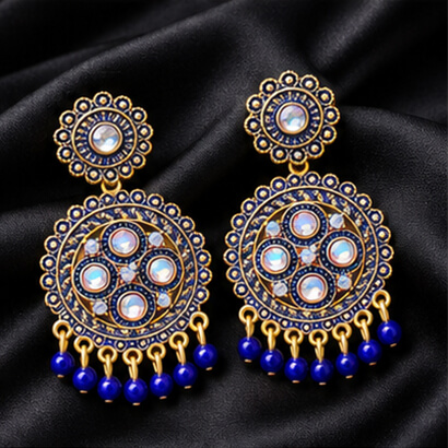 Traditional Kundan Chakra Chandbali Earrings with Beaded Drops (Blue) product image 4