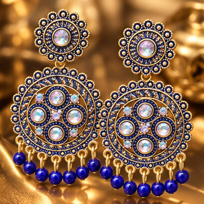 Traditional Kundan Chakra Chandbali Earrings with Beaded Drops (Blue) product image 5