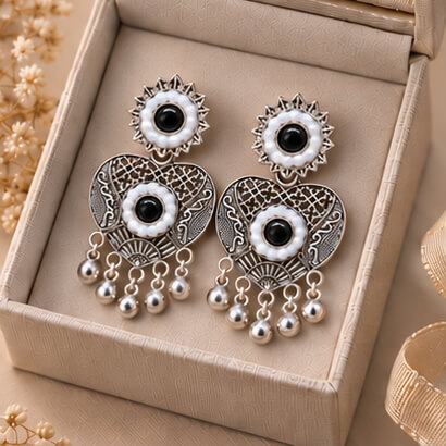 Oxidised Silver Heart Dangler Earrings with Pearl & Ghungroo Drops (Black) product image 8