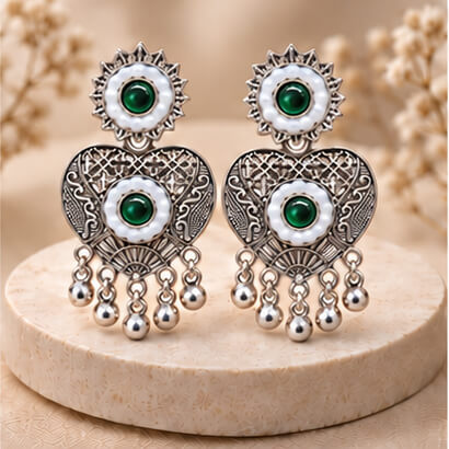 Oxidised Silver Heart Dangler Earrings with Pearl & Ghungroo Drops (Green) – Heartly Wishes