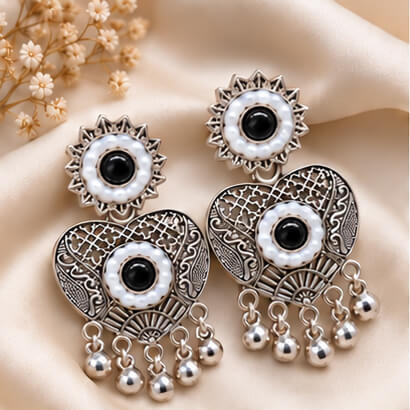Oxidised Silver Heart Dangler Earrings with Pearl & Ghungroo Drops (Black) product image 3