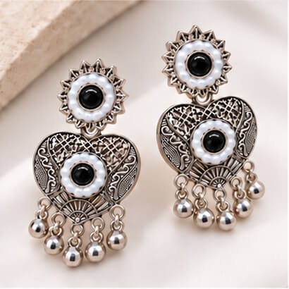 Oxidised Silver Heart Dangler Earrings with Pearl & Ghungroo Drops (Black) product image 7