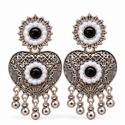 Oxidised Silver Heart Dangler Earrings with Pearl & Ghungroo Drops (Black) product image 2