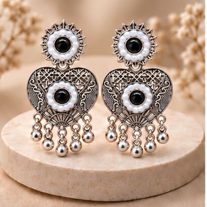 Oxidised Silver Heart Dangler Earrings with Pearl & Ghungroo Drops (Black) – Heartly Wishes
