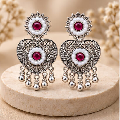 Oxidised Silver Heart Dangler Earrings with Pearl & Ghungroo Drops (Magenta) – Heartly Wishes
