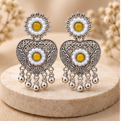Oxidised Silver Heart Dangler Earrings with Pearl & Ghungroo Drops (Yellow) – Heartly Wishes