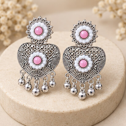 Oxidised Silver Heart Dangler Earrings with Pearl & Ghungroo Drops (Pink) – Heartly Wishes