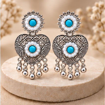 Oxidised Silver Heart Dangler Earrings with Pearl & Ghungroo Drops (Sky Blue) – Heartly Wishes